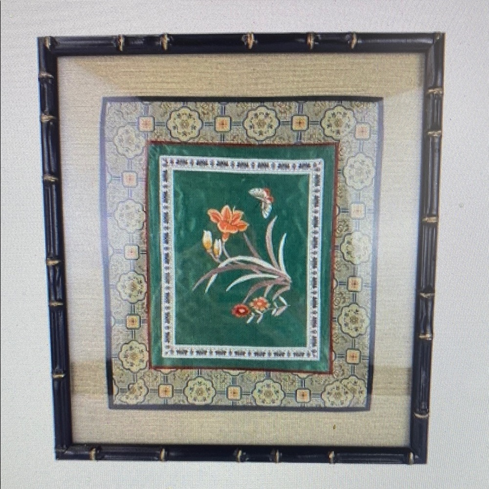 VTG Asian Silk Embroidery Art Framed Bamboo Style Black Frame Floral Butterfly